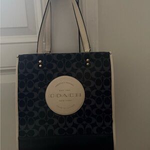 Coach dark blue denim Signature Tote with Cream Trim and Round Logo Patch